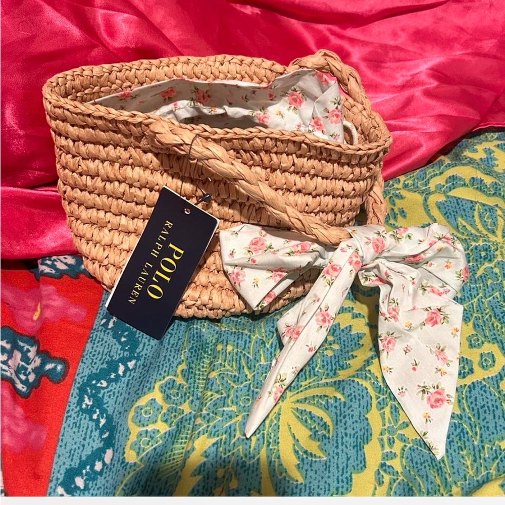 Polo by Ralph Lauren Tan and Pink straw hand Bag with floral motifs